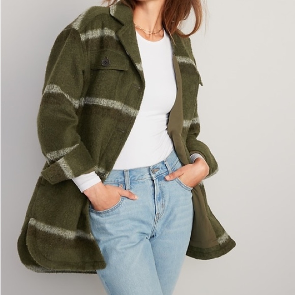 Old Navy Lined Wool Blend Utility Shacket, Olive Stripe